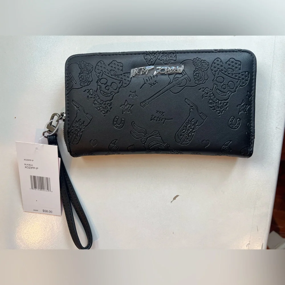 Betsey Johnson Black Embossed Wristlet Wallet with Skulls Cowboy Boots